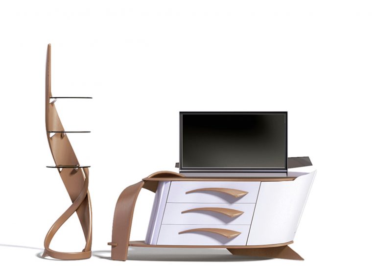 Дизайнерская деревянная этажерка со стеклянными полочками